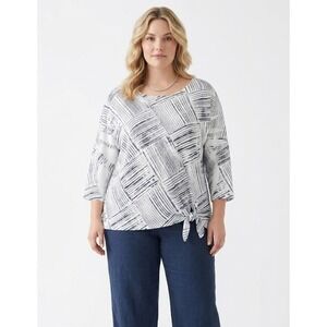 Top Ligne Tie Front Blouse XL White Navy Blue Abstract Eyelet Knit Top
